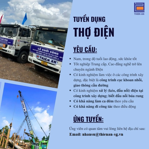 Tuyển dụng 2 thợ điện làm việc tại công trình Cầu Cà Dâm, Huyện Tam Nông, Đồng Tháp